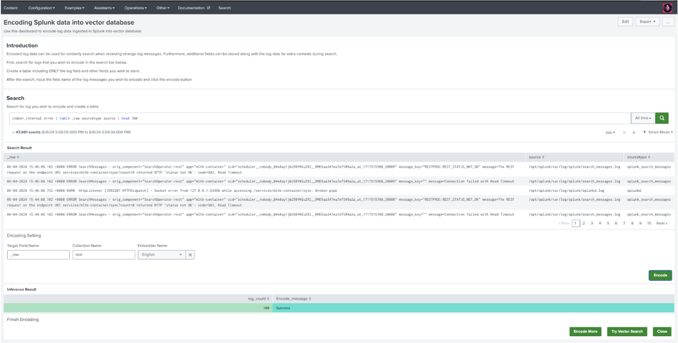 This image shows an example of the  Encoding Splunk data into a vector database dashboard.