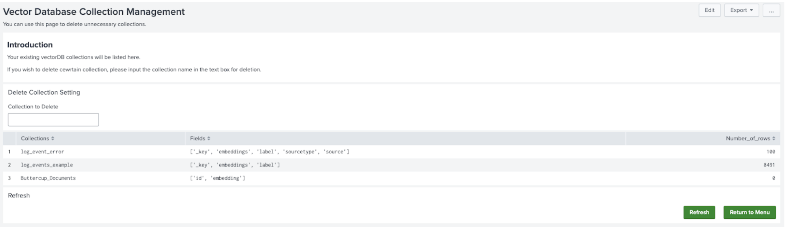 This image shows an example of a Vector Database Collection Management page. From this page you can manage your stored vector databases and delete any collection as needed.