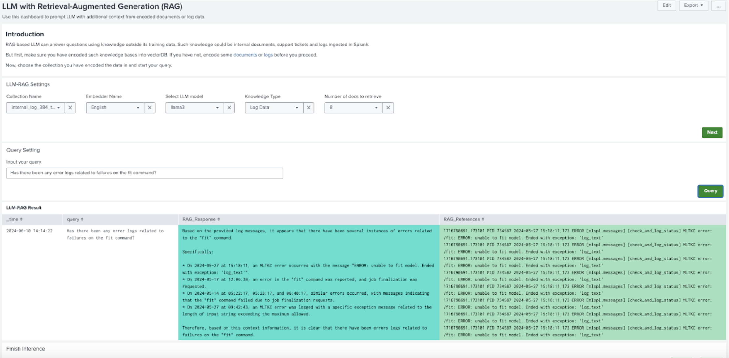 This image shows an example of an LLM with Retrieval-Augmented Generation (RAG) dashboard.