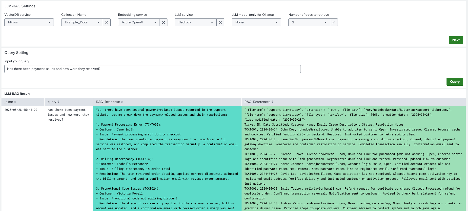 This image shows an example of an LLM with Retrieval-Augmented Generation (RAG) dashboard.