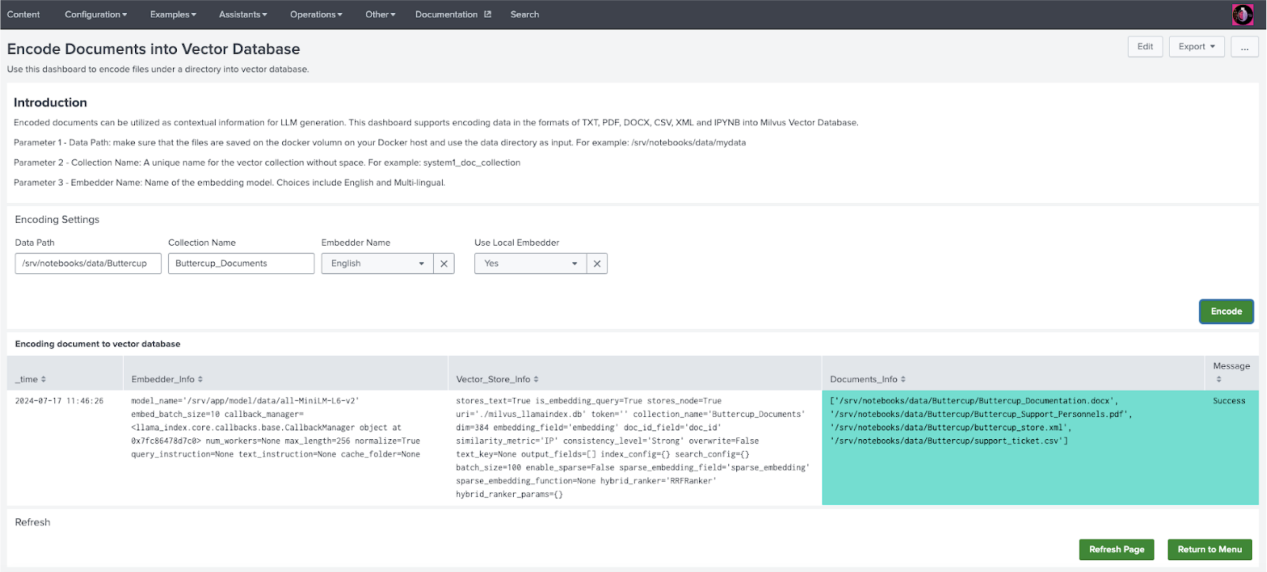 This image shows an example of the Encode documents into VectorDB page.