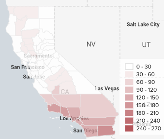 Screenshot of finished choropleth map of California drought severity by county in 2018