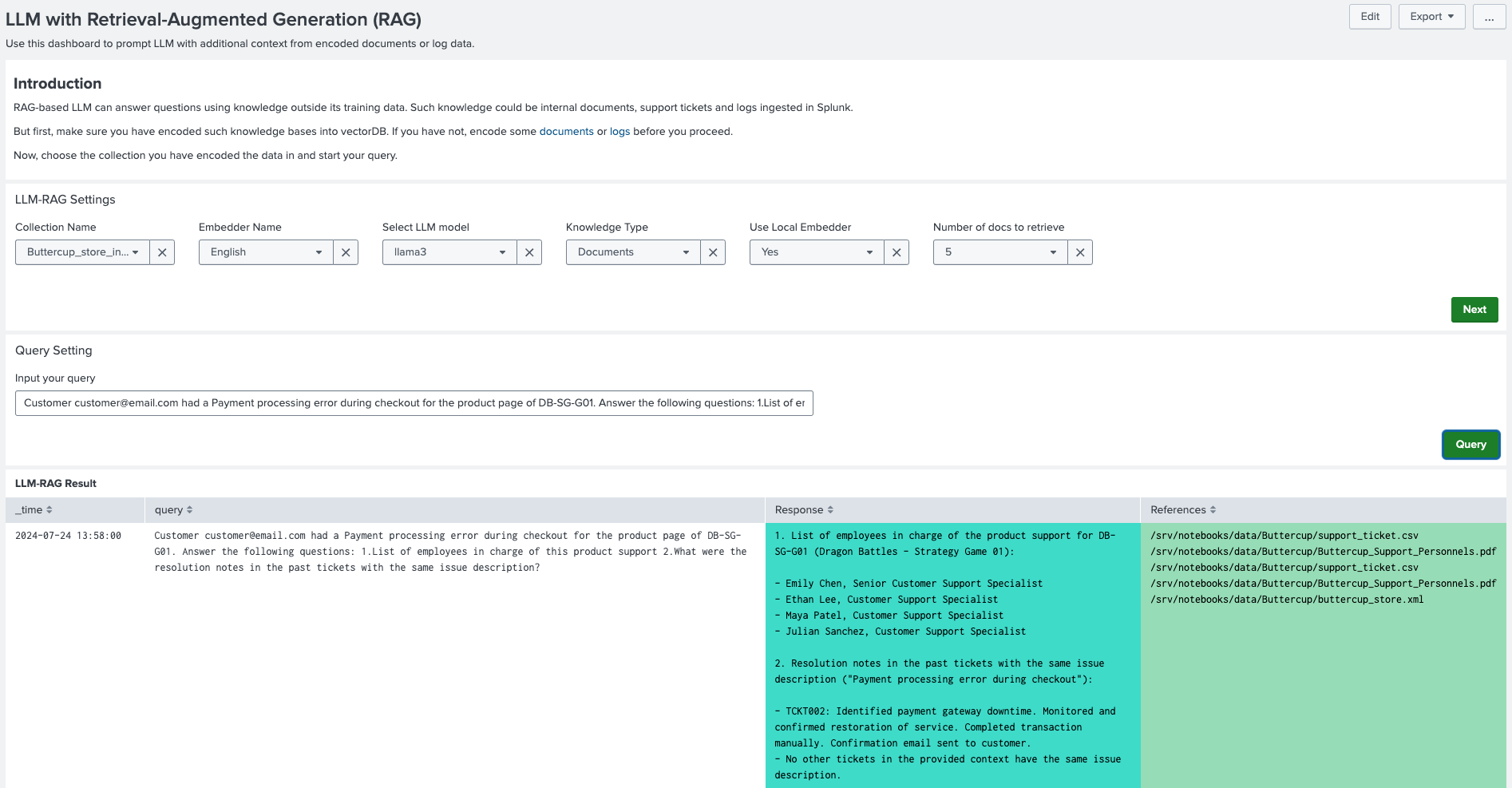 This image shows an example of using RAG-based LLM in DSDL.