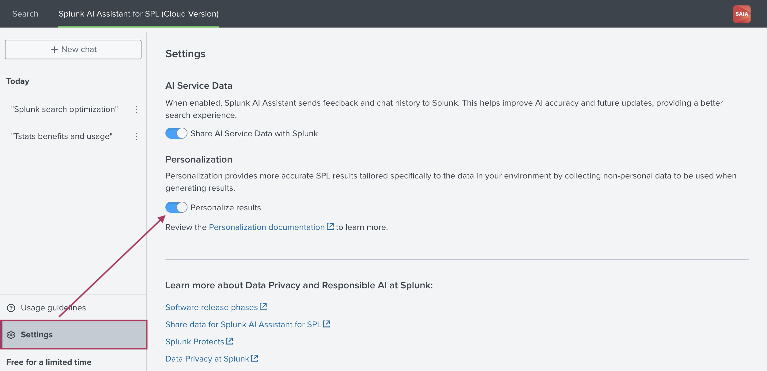 This image shows the Settings tab of the assistant. A check box to opt-in or out of Personalization is highlighted.