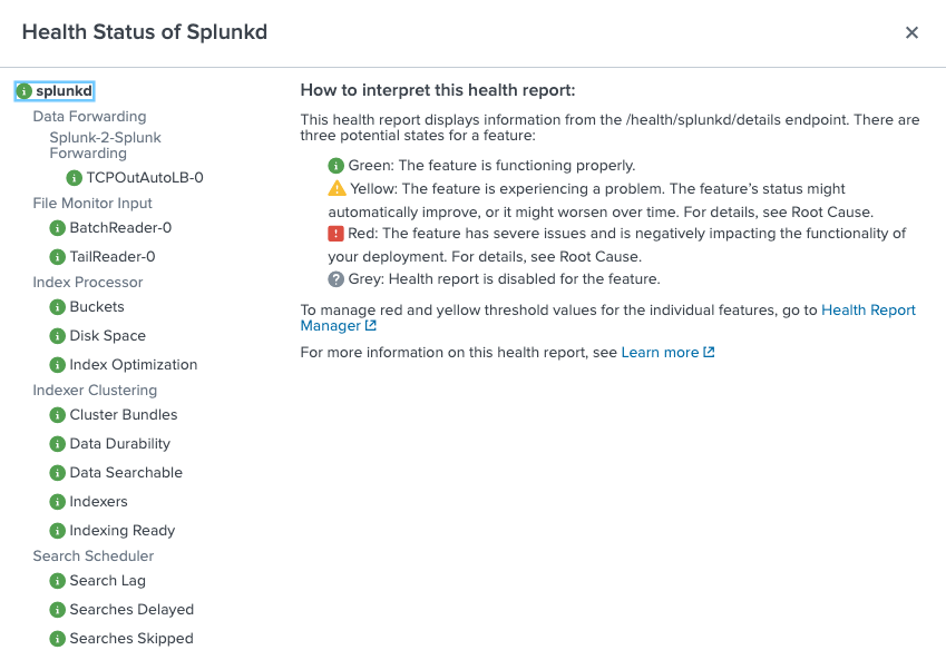 The image shows the splunkd health report. The health report includes the splunkd status tree, and provides detailed diagnostic information about changes in feature health status.