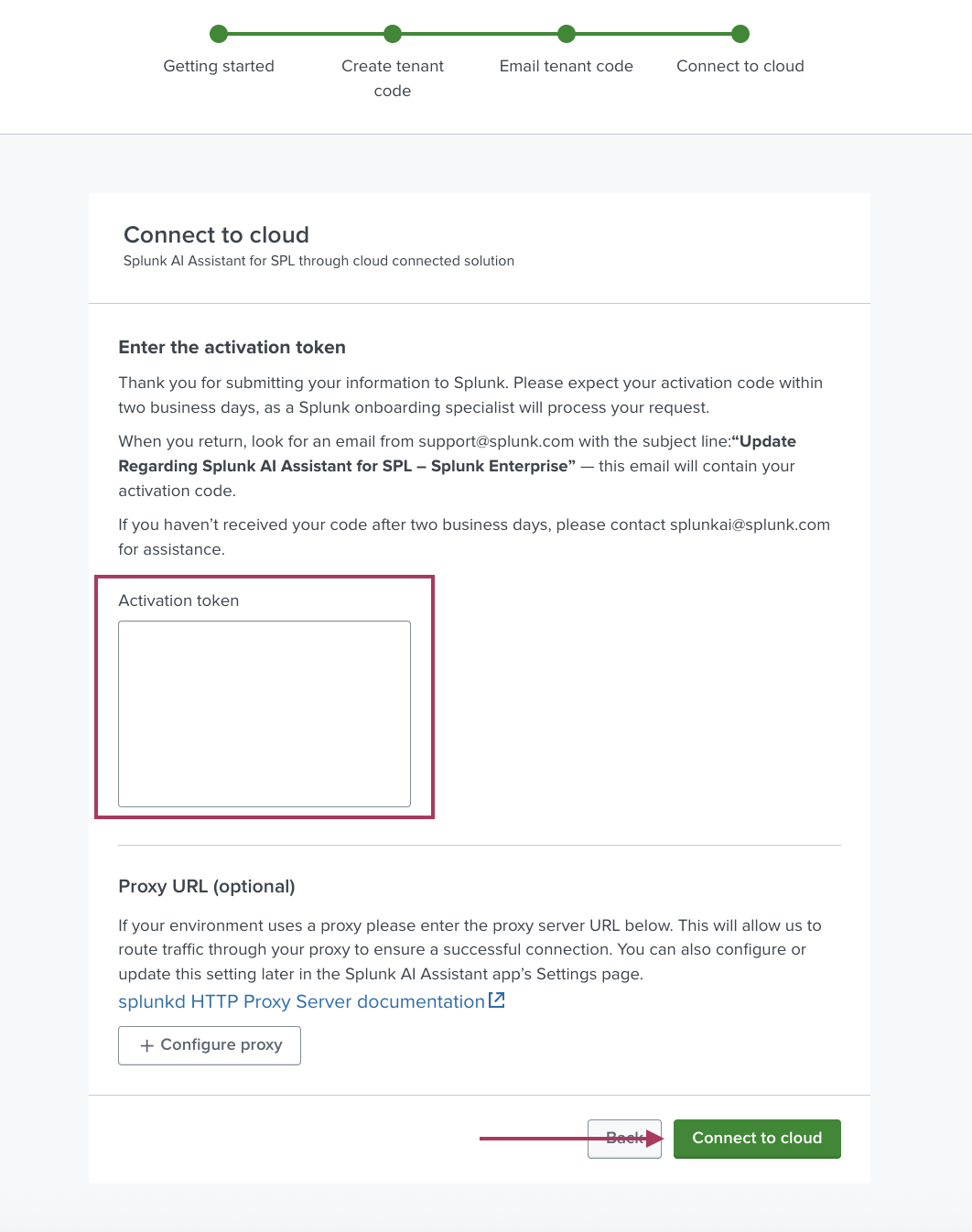 This image shows the Connect to cloud page of the cloud connected solution activation steps..