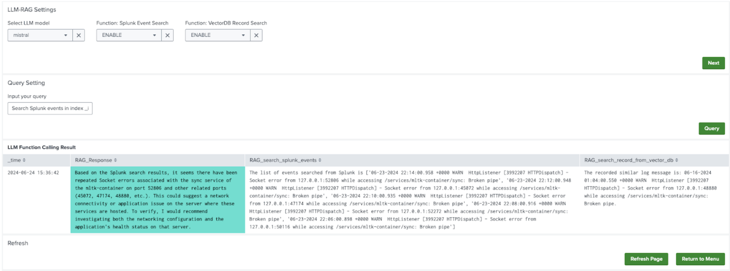 This image shows an example of LLM with Function Calling after submitting your chosen settings.