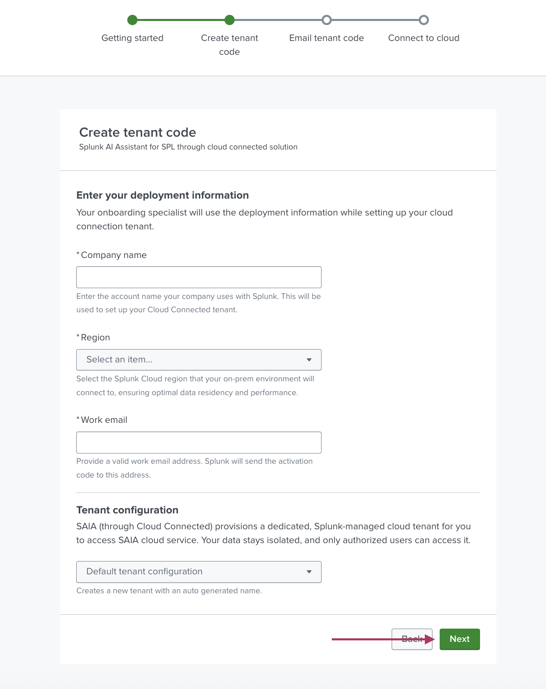 This image shows the Create tenant code steps of the cloud connected solution activation steps.