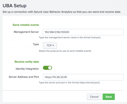 This screen image shows the UBA Setup page in Splunk ES. The "Management Server" field contains the IP address of 192.168.0.132:10000, which is an exact match of the one assigned to the data source.
