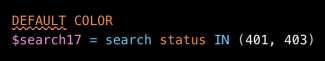 This image shows a search example where numbers that are interpreted as string are colored bright white. For example, in the SPL "search status IN (401, 403)" the numbers 401 and 403 are colored bright white.