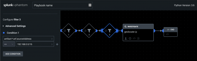 This screen image shows the VPE in Splunk Phantom. From left to right, three filter blocks are shown in series, connected to an action block with a geolcate ip action. The filter blocks parameters are described in the text immediately following this image.