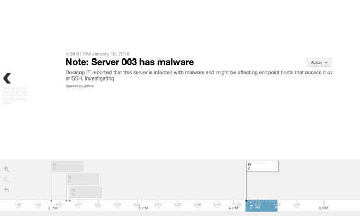 This screen image shows a note on the timeline titled Note:Server 003 has malware. The note title and description display in the center of the screen. At the bottom of the screen, a timeline shows the status of the investigation with words and a different color. The timeline in this screenshot is contracted, so only the letters "tat" are visible instead of "Status: In Progress".