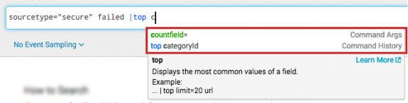 This screen image shows the search "sourcetype="secure" failed  | top c" typed into the Search bar. The list below the search bar shows the command arguments and command history that begin with the letter "c".  The search assistant list shows the "countfield=" for Command Args and the "top categoryId"  for Command History.