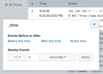 This image shows several time accelerators. There are 3 accelerators to search for all events either before the event time, after the event time, or at the same time as the event time. There is also an accelerator to search for nearby events using a specific time.