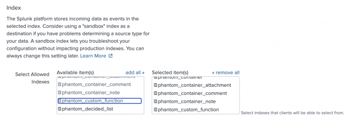 This screenshot shows the Input Settings page when adding a new token for a data input on the Splunk platform. The Index field is highlighted, showing a series of index names starting with "phantom_" that are moved from the Available items column to the Selected items column.