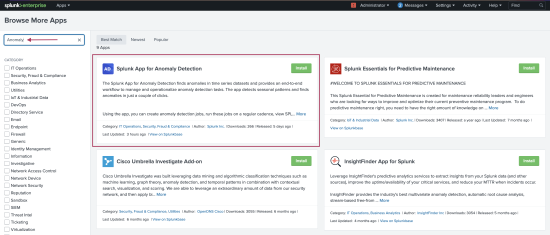 This image shows the Browse More Apps page. The word Anomaly is used to filter results. The Splunk App for Anomaly Detection is highlighted.