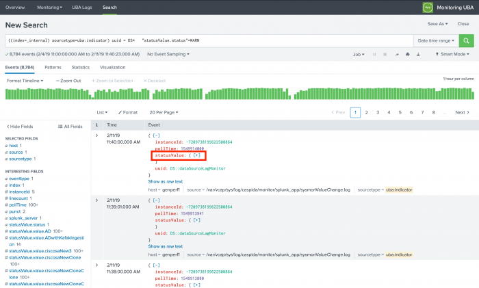 This screen image shows the Search page in Splunk with a few raw events. The relevant details on the page are described in the text immediately following this image.