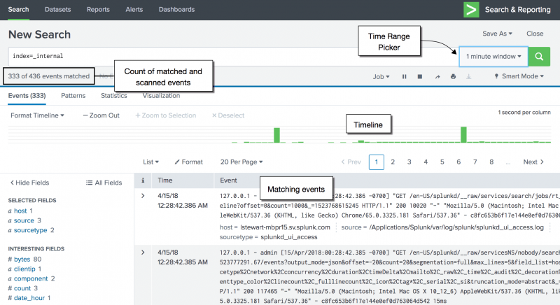 This image shows a search with the criteria index=_internal and uses the real-time time range Earliest 1 minute.