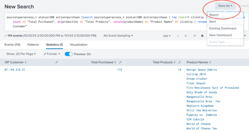 This screen image shows the list of "Save as" options. The list includes Report, Dashboard panel, and Alert.  Report is highlighted.