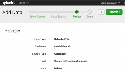 This screen image shows the next step in adding data, Review. The name of the file that you are uploading and the host settings are displayed.