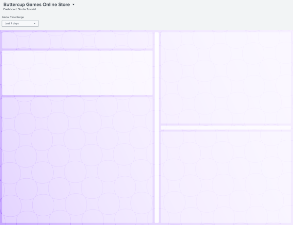 Dashboard with a purple background, a time range, a title, and five light purple rectangles.