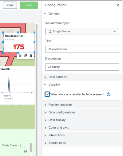 The residence hall single value visualization is highlighted in blue. Next to the visualization is the Configuration panel with the Visibility section expanded and showing that the option "When data is unavailable, hide element" is selected.