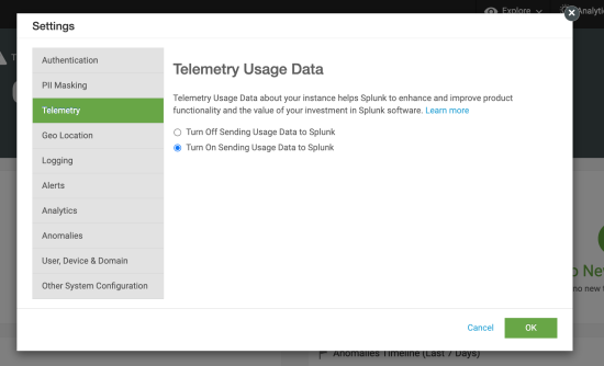 This image shows the telemetry settings page for Splunk UBA. There are 2 radio buttons available. The radio button to turn on sending usaga data is selected by default.