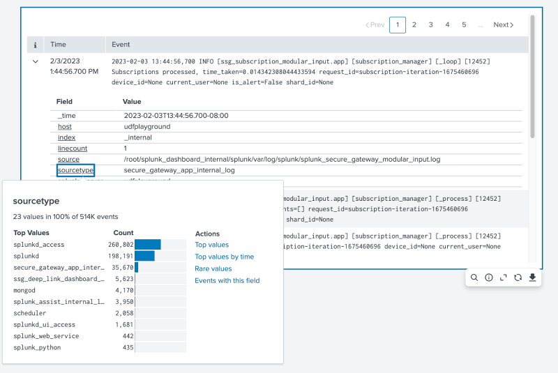 An events viewer with an expanded row. Inside the expanded row, the sourcetype field is selected with additional details in a popped out modal.