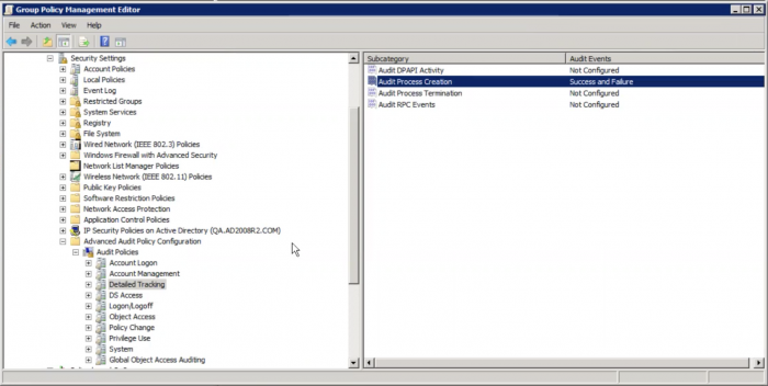 This screen image shows the Group Policy Management Editor window. The Audit Process Creation item is selected, and both Success and Failure appear in the Audit Events column.
