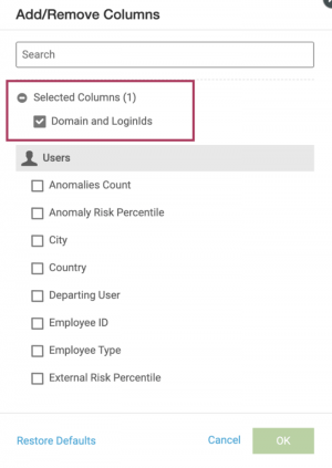 This image shows the Add/ Remove Columns view. A list of selectable column names is listed. Only the column name of Domain and LoginIds is selected.