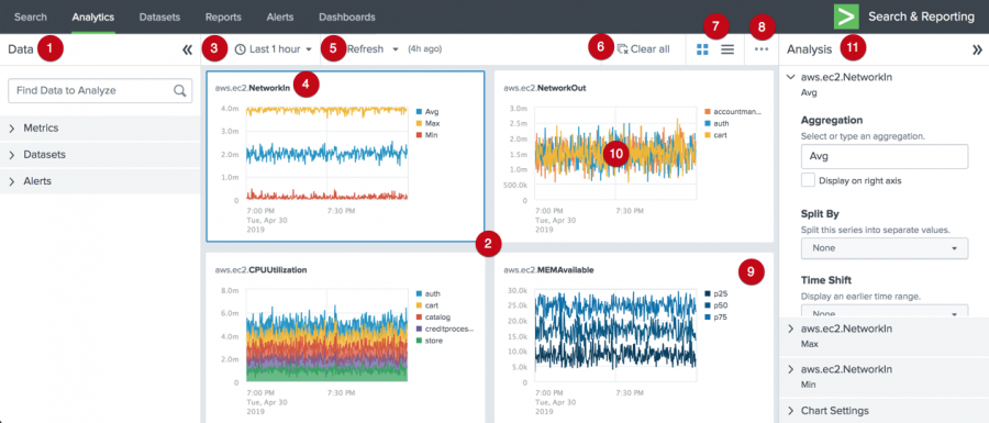 This screen image shows an overall view of the Analytics Workspace. Different parts of the workspace are labeled with numbers.