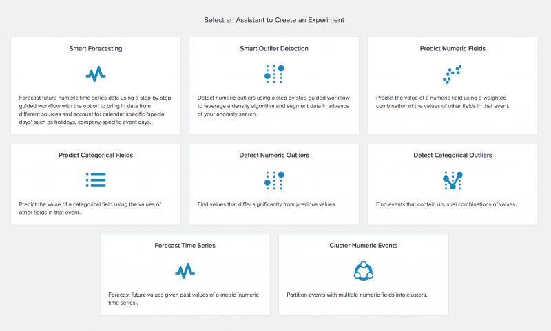 This image shows the landing page a user sees when they first select Experiments. Each areas of machine learning covered by Experiment Assistants is displayed, along with brief descriptions of each one.