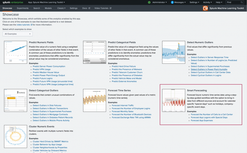 This image shows the landing page for the Machine Learning Toolkit Showcase page. A new Showcase option is highlighted with 3 examples for the Smart Forecasting Assistant.