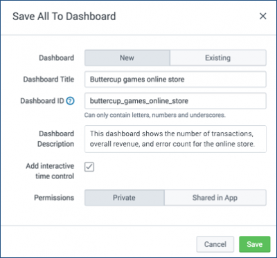 This screen image shows the Save All to Dashboard dialog.