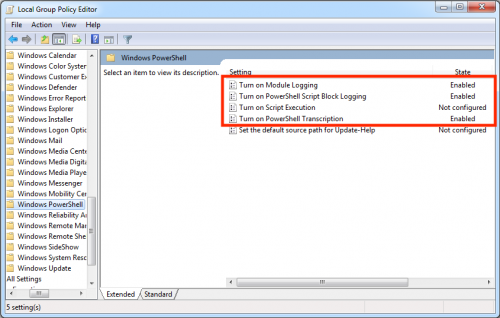 This screen image shows the Local Group Policy Editor window. The Turn on Module Logging, Turn on PowerShell Script Block Logging, Turn on Script Execution, and Turn on PowerShell Transcription options are highlighted.