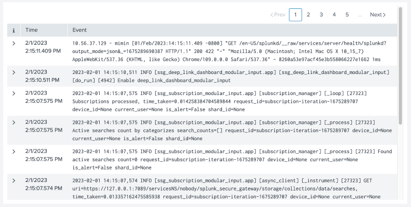 An events viewer table with details about each event such as timestamp, user, and server.