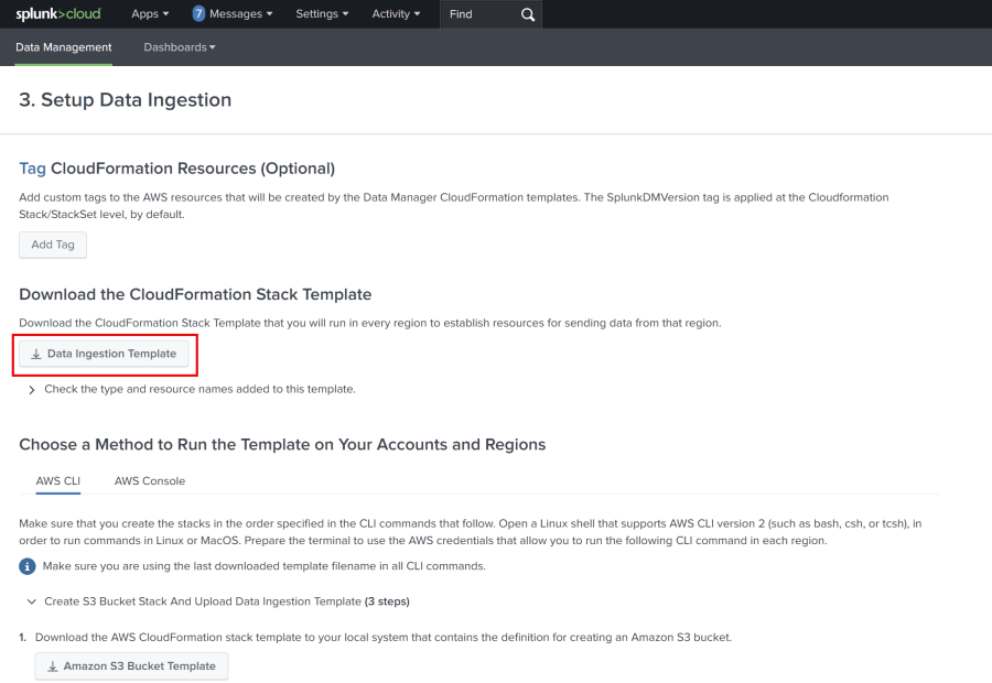 Download the CloudFormation Stack Template that you will run in every region in your AWS deployment to establish resources for sending data from that region.