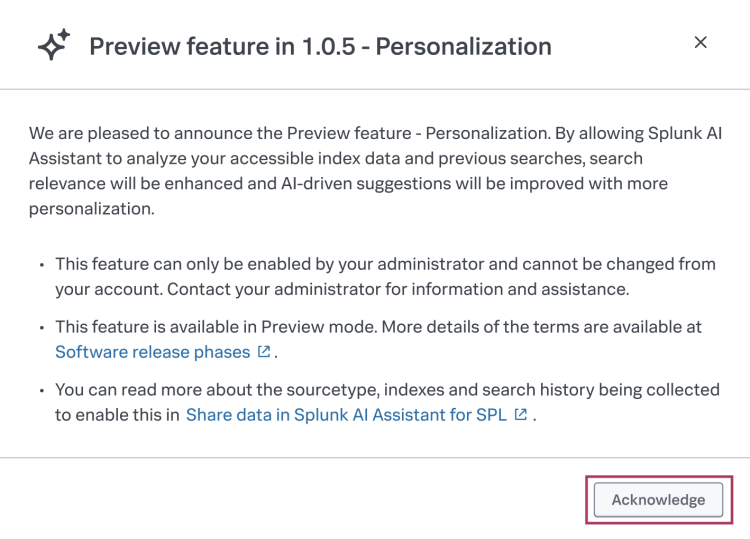 This image shows how the personalization preview information appears as a modal window to version 1.0.5 users without administrator privileges.