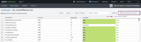 This image shows the same edit view of the lookup file but with the menu open for Revert to a previous version.