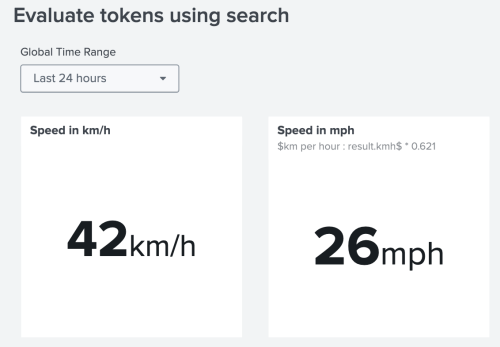 A dashboard titled "Evaluate tokens using search", an input dropdown list called "Global time range", and two single value visualizations. One visualization shows a number in kilometers per hour, and the other shows the kilometers converted into miles per hour. The miles per hour visualization has a description that shows it is using the search result token result.kmh multiplied by 0.621.