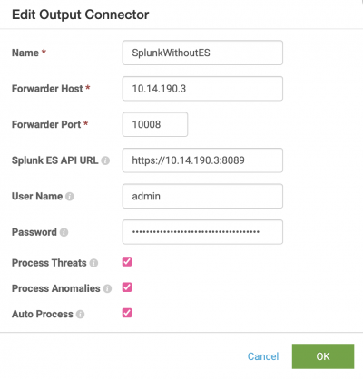 This screenshot shows the New Output Connector dialog window with the following fields and names: SplunkWithoutES as the name, 10.14.190.3 as the forwarding host, 10008 as the forwarding port, and https://10.14.190.3:8089 as the API URL. There are three checkboxes on the screen: Process Threats, Process Anomalies, and Auto Process, and they are all selected.