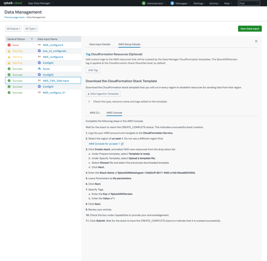 The Setup Data Ingestion page lists the steps to deploy your CloudFormation Template using the AWS Console.