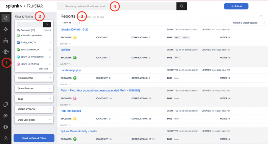 This image shows the home page of the Splunk Intelligence Management web app. The main components are described in the table immediately following the image.