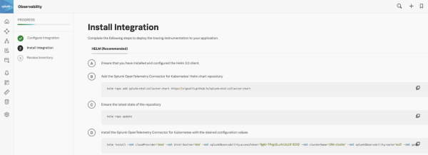 This image shows the Install Inttegration page in the Splunk Observability product.