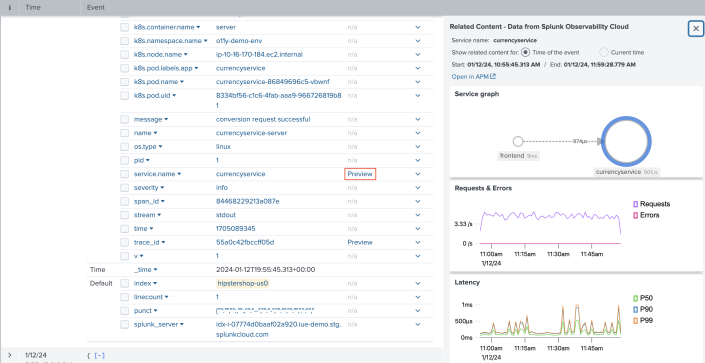 This image shows a preview of host data from Splunk Observability Cloud in the Related Content panel.