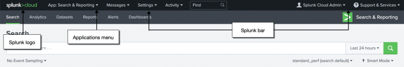 This image shows the Splunk bar in Splunk Cloud Platform. From left to right, the first item on the Splunk bar is the Splunk logo. The second item is the Applications menu.