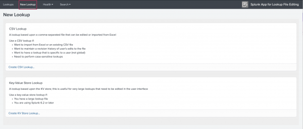 This image shows the Lookups tab of the Splunk App for Lookup File Editing App. There is an option to create a new lookup from a CSV and another option to create a new lookup from the KV store.