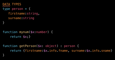 This image shows custom data types and custom function examples where the data types are colored red. For example, in the custom function "function mynum($x:number) {return $x}" the data type "number"  is colored red.