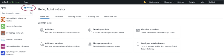 This image shows the home page view of a Splunk platform instance. An icon labeled Manage is highlighted.