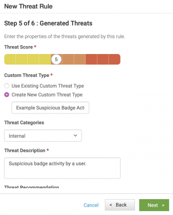 This screen image shows Step 5 of 6 in the New Threat Rule dialog window. The important fields are described in the text immediately preceding the image.